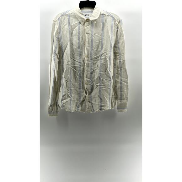 ZARA Men's White-Blue Striped Linen-Blend Button-Up Long Sleeve Top SZ M - Picture 1 of 11